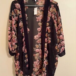 Maurices Floral Sheer Kimono with Pink and Orange Blooms